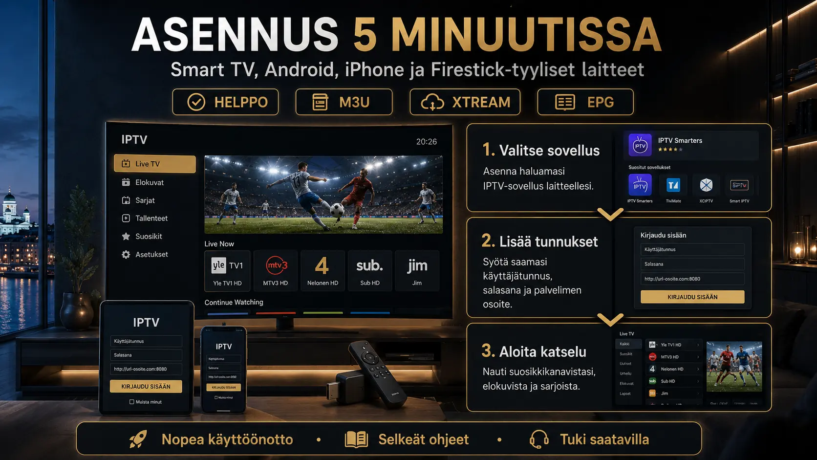 IPTV Suomi asennus vaihe vaiheelta Smart TV:lle, Androidille, iPhonelle ja Firestick-tyylisille laitteille M3U-, Xtream- ja EPG-tuella