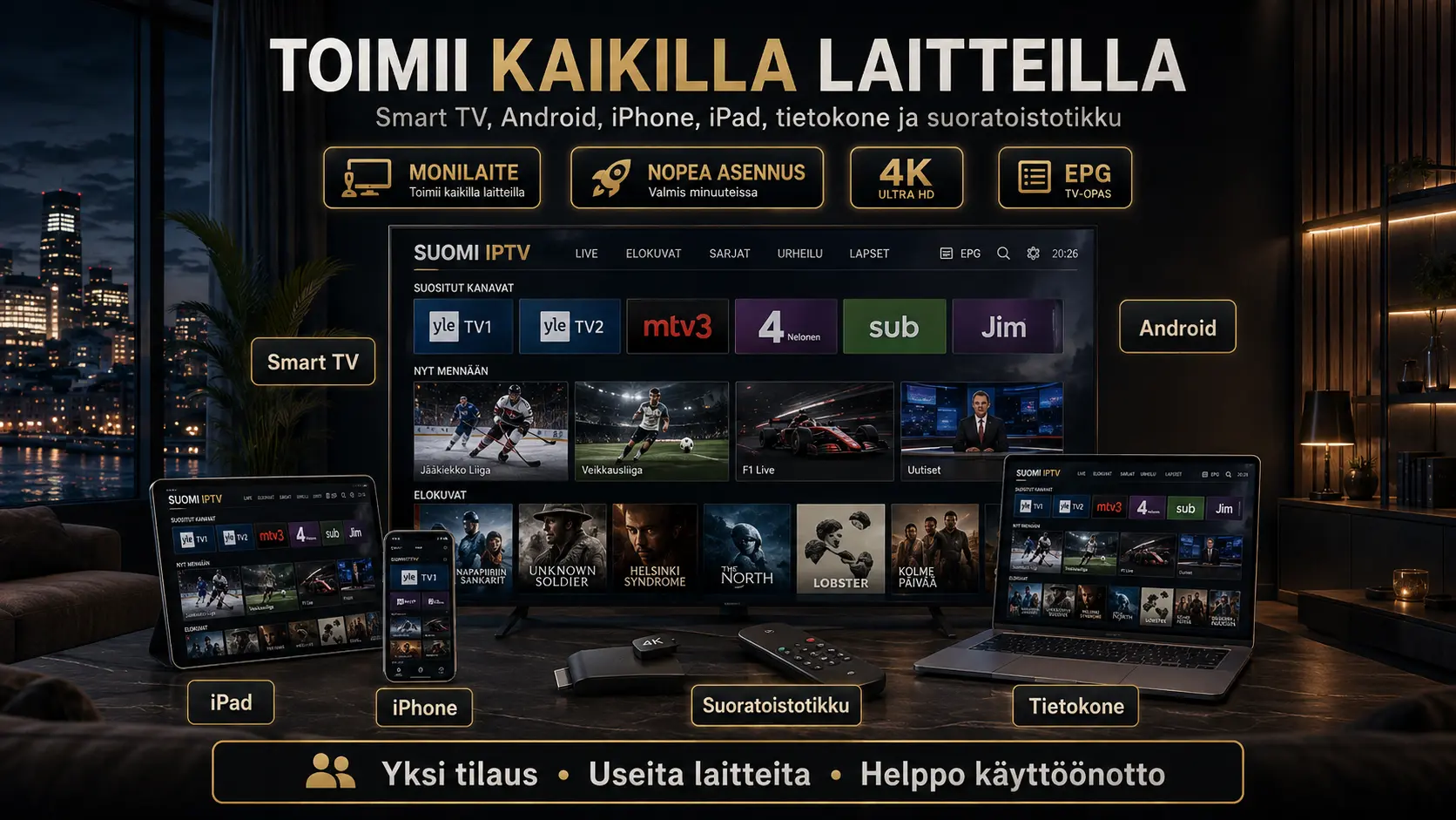 IPTV Suomi toimii Smart TV:llä, Androidilla, iPhonella, iPadilla, tietokoneella ja suoratoistotikulla