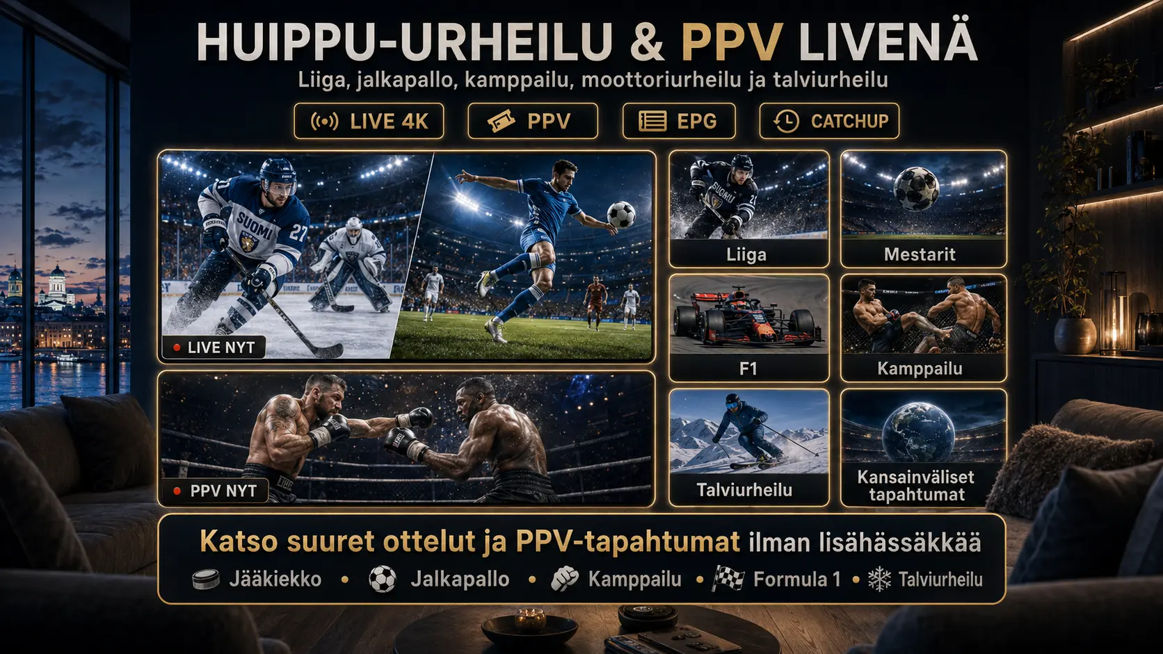 IPTV Suomi huippu-urheilu ja PPV livenä: jääkiekko, jalkapallo, Formula 1, kamppailu ja talviurheilu