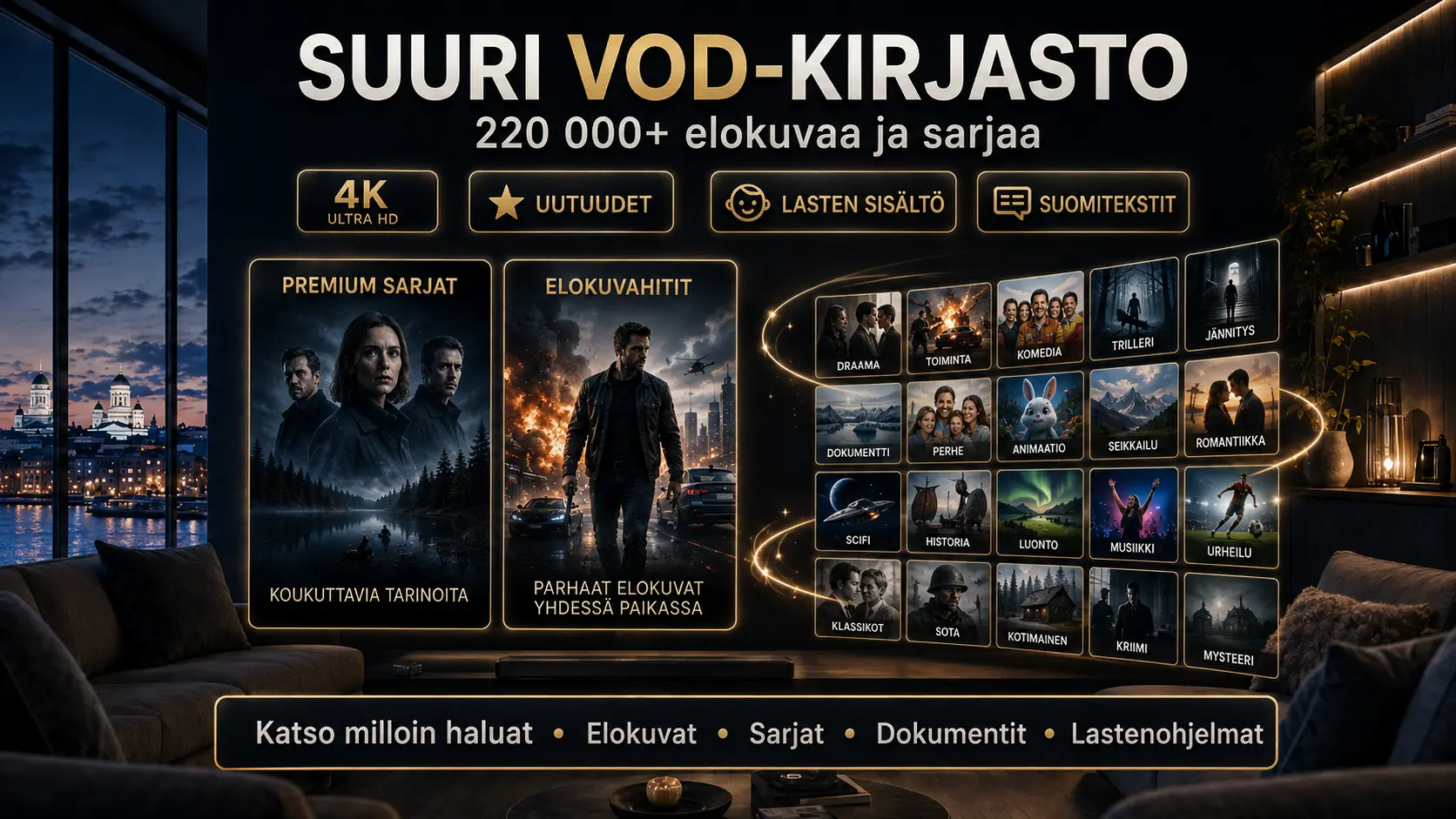 IPTV Suomi VOD-kirjasto elokuville ja sarjoille 4K Ultra HD -laadulla sekä Catchup TV -toiminnolla