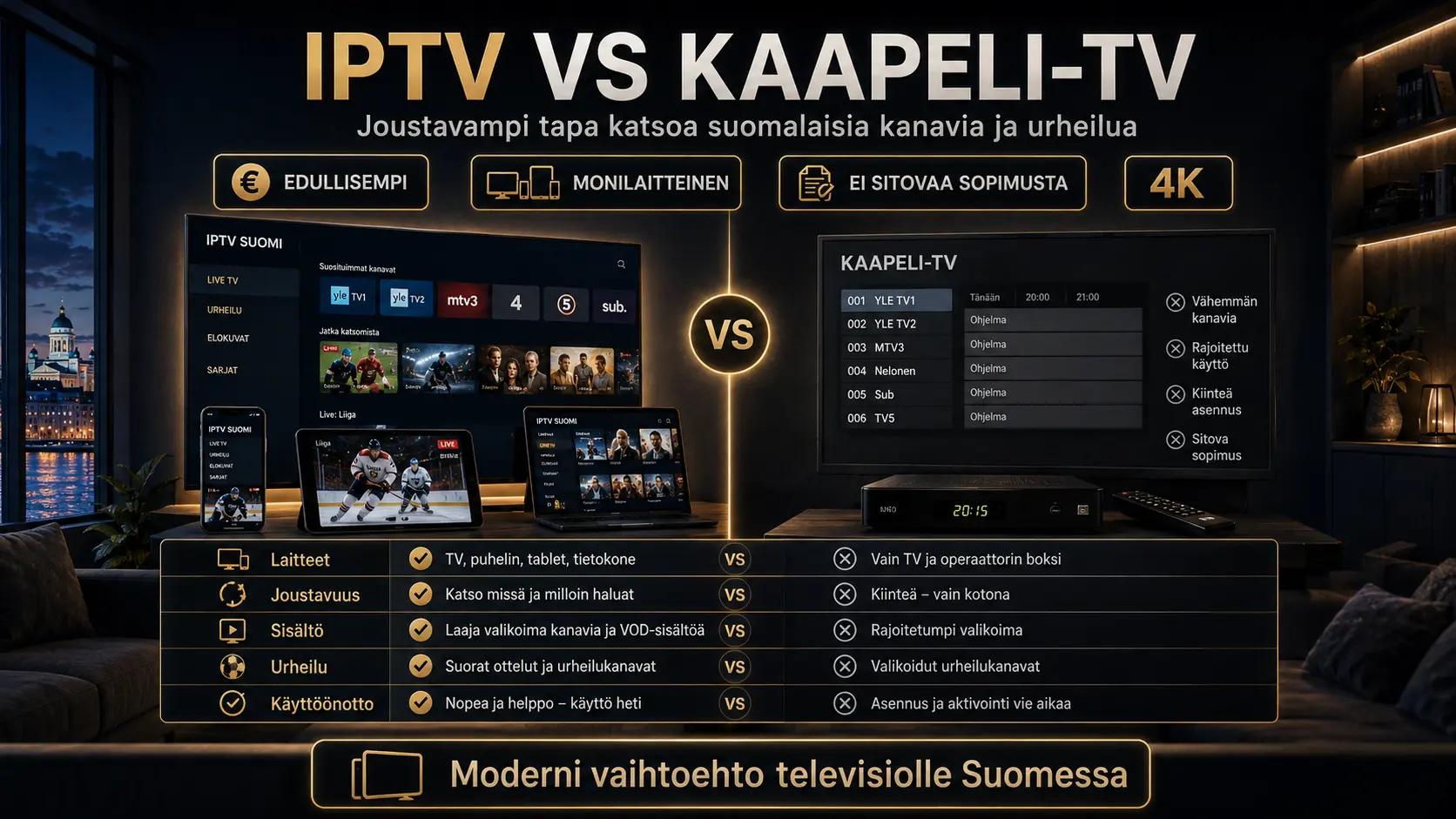 IPTV vs kaapeli-TV Suomessa: laitteiden, joustavuuden, sisällön, urheilun ja käyttöönoton visuaalinen vertailu