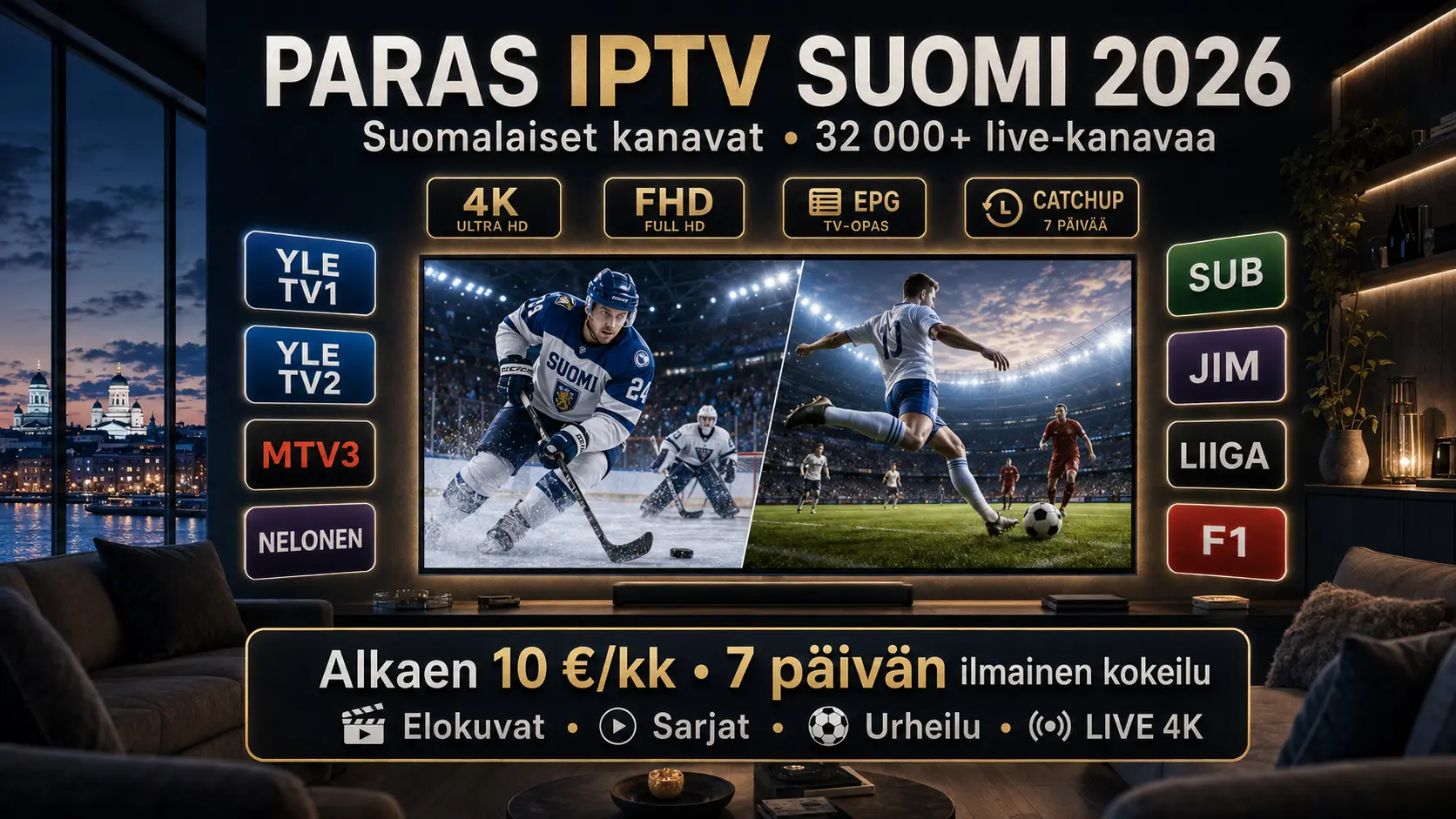 IPTV Suomi 2026 suomalaiset kanavat, jääkiekko, jalkapallo, 4K, EPG ja Catchup TV premium-kotiteatterissa